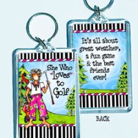 She Who Loves to Golf – 3″ x 2″ Acrylic (double-sided) Key Chain