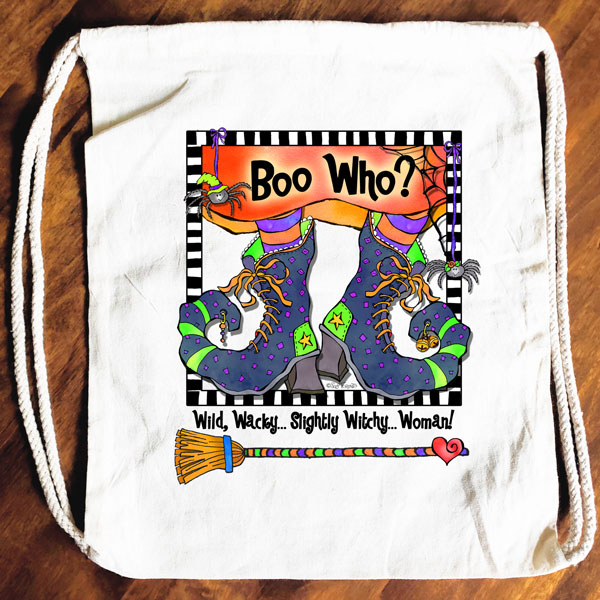 Boo Who?  Wild, Wacky… Slightly Witchy… Woman! – 15″ x 13″ (Halloween) Drawstring Backpack/Tote Bag